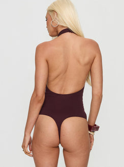 back view of model wearing Princess Polly Claramay High Neck Bodysuit Purple Sleeveless 