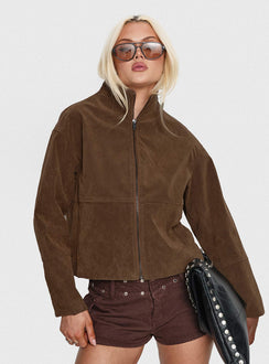 Jessalynn Faux Suede Zip Through Jacket Brown