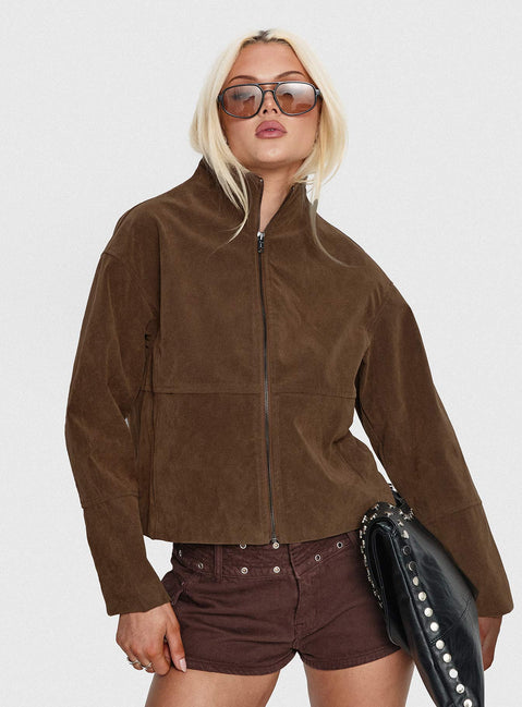 Jessalynn Faux Suede Zip Through Jacket Brown
