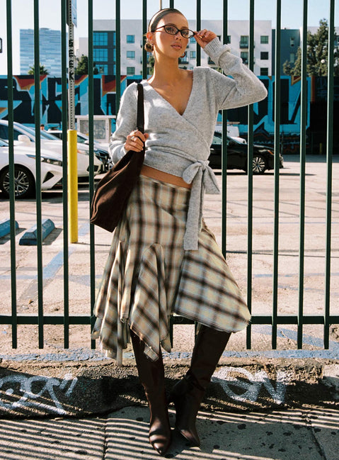   front view of model wearing Princess Polly Toshie Asymmetrical Midi Skirt Multi Check Midi Skirts 