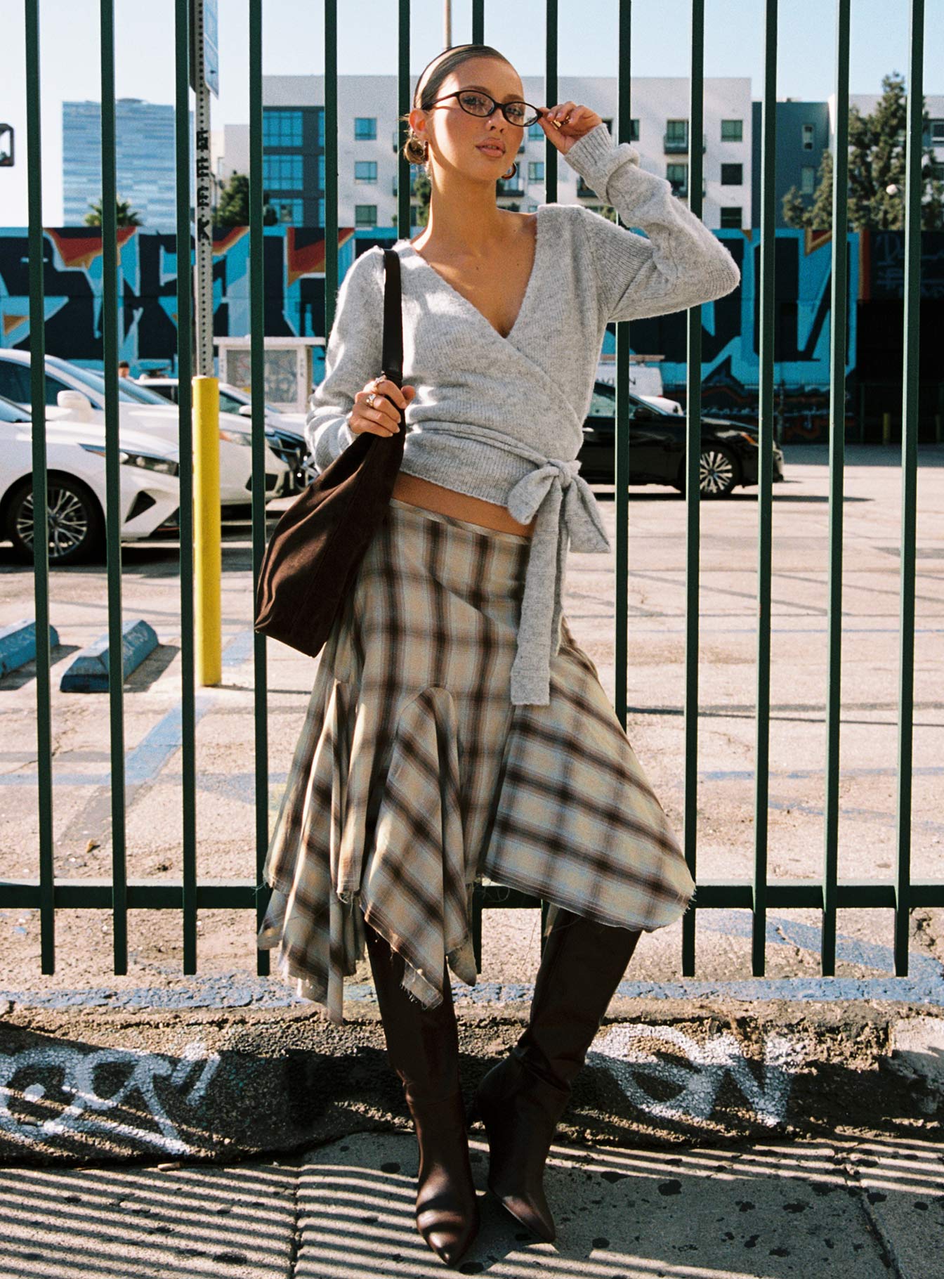 front view of model wearing Princess Polly Tonee Wrap Knit Cardigan Grey Cropped Jumpers 