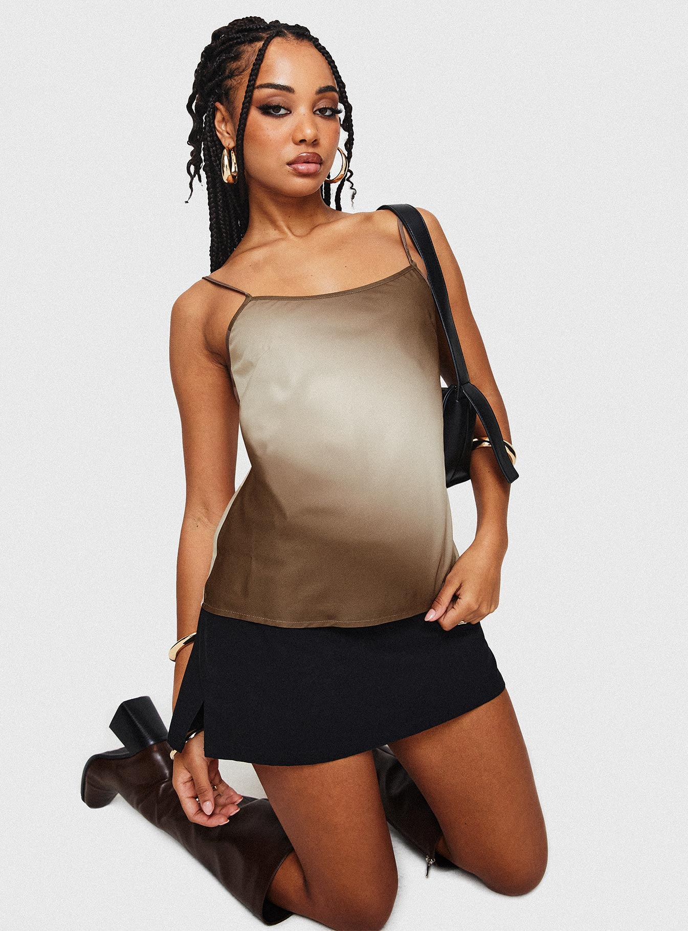 front view of model wearing Princess Polly Lisitie Top Brown Sleeveless Square Neck 