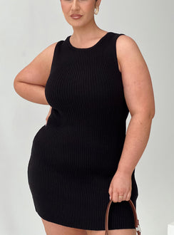 back view of model wearing Princess Polly Osment Knit Mini Dress Black Curve Crew Neck 