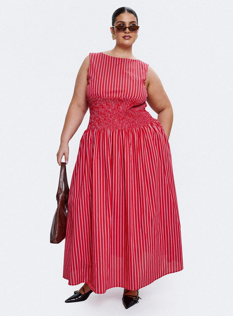 Lilienne Cotton Poplin Maxi Dress Curve | Red Stripe | Womens