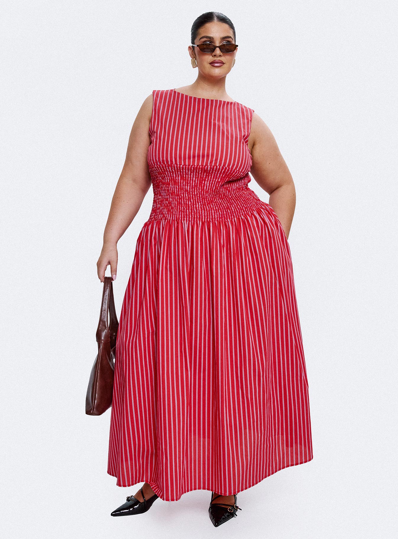 front view of model wearing Princess Polly Lilienne Cotton Poplin Maxi Dress Red Stripe Curve Crew Neck 