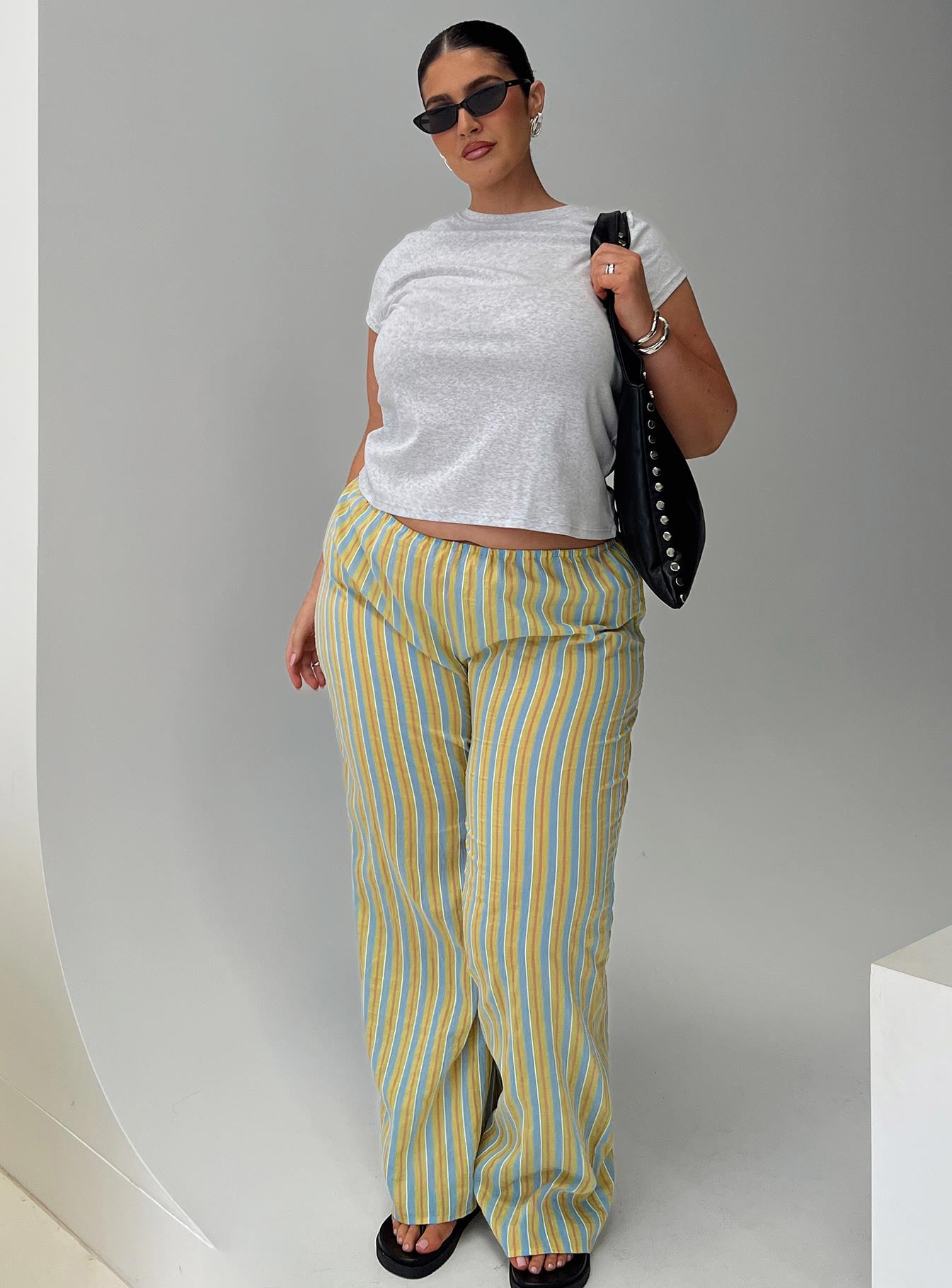 front view of model wearing Princess Polly Limestone Pants Multi Curve High Waisted Pants 