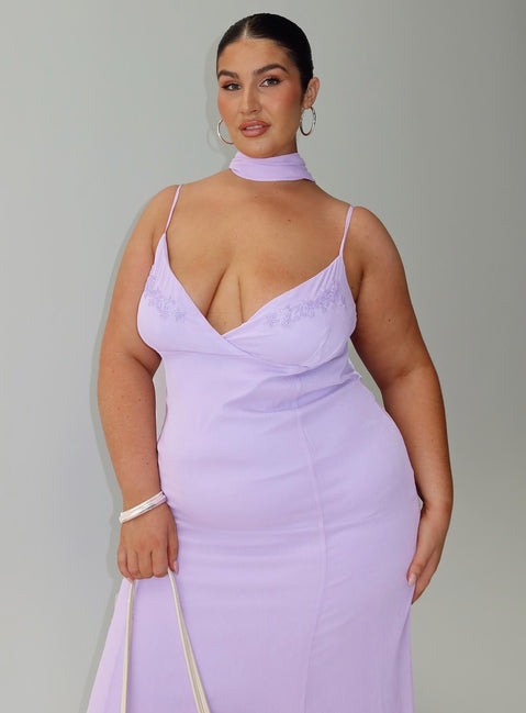 front view of model wearing Princess Polly Jadira Scarf Maxi Dress Purple Curve Plunger 