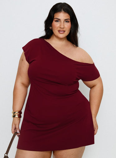 Prestige One Shoulder Mini Dress Burgundy Curve