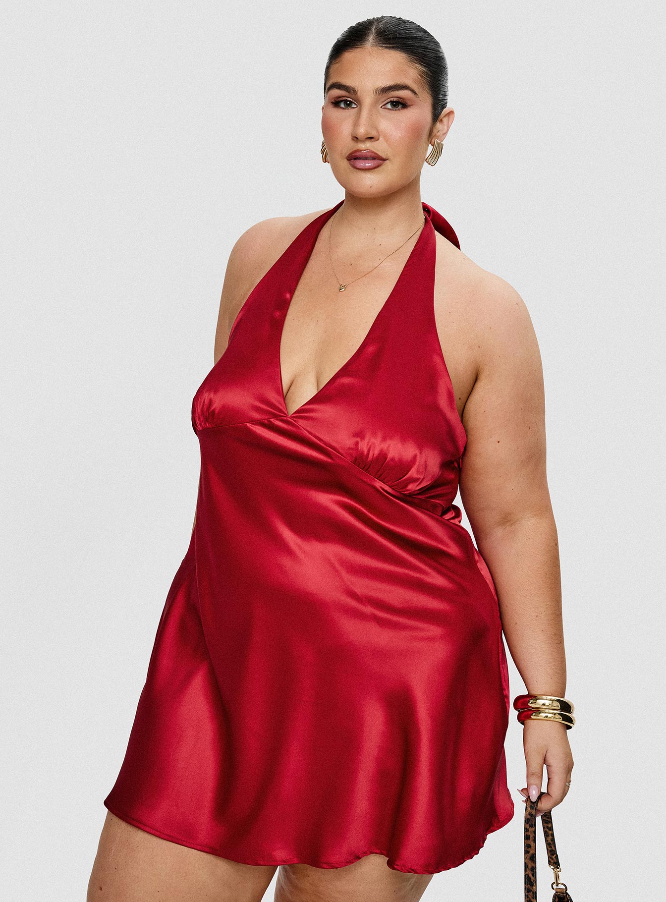 side view of model wearing Princess Polly Pelagia Halter Scarf Tie Mini Dress Red Curve Plunger 