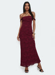 side view of model wearing Princess Polly Azura Off The Shoulder Maxi Dress Burgundy Straight Neck 