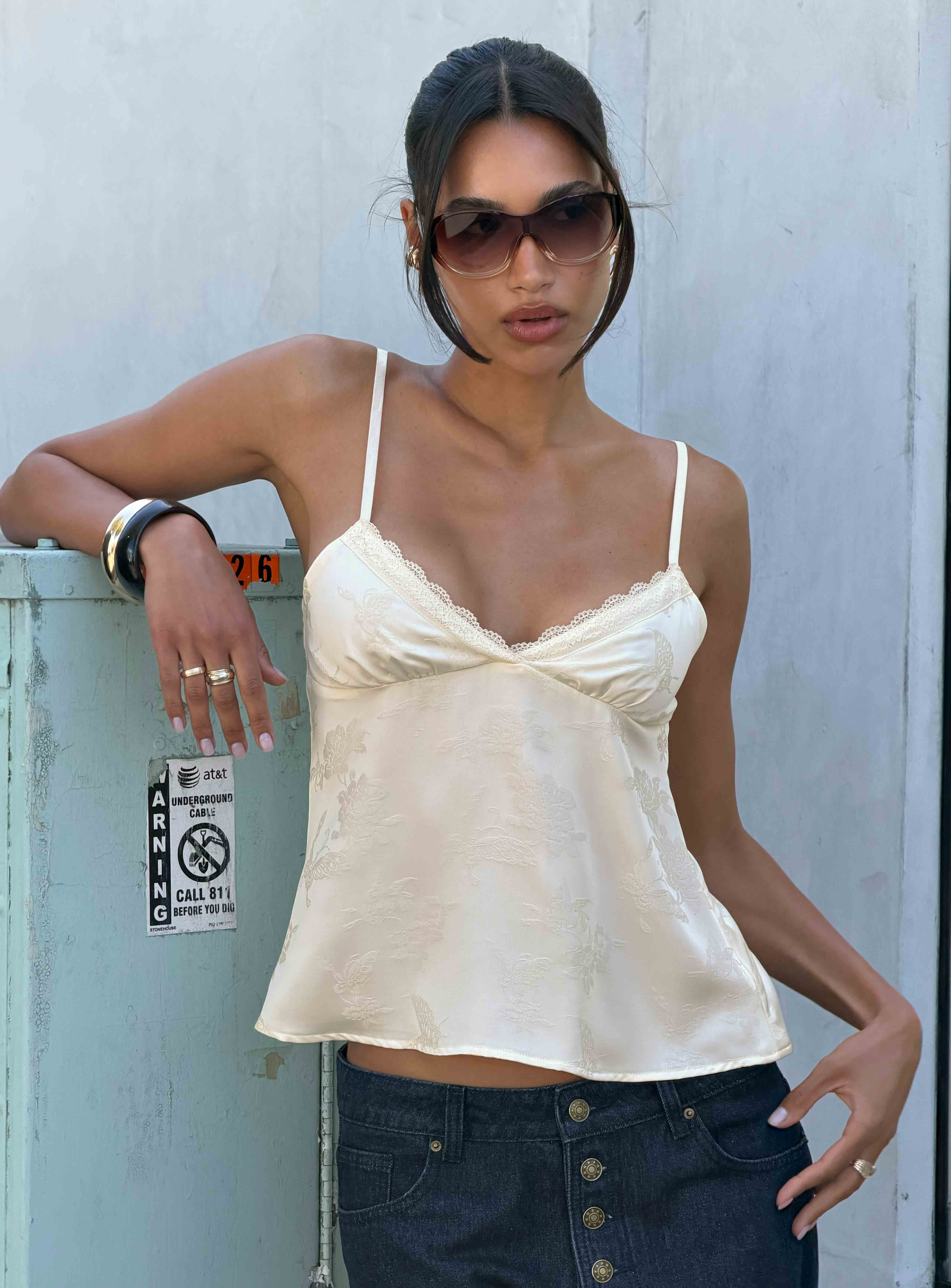 Had Me At Hello Lace Trim Floral Detail Top Cream | Princess Polly