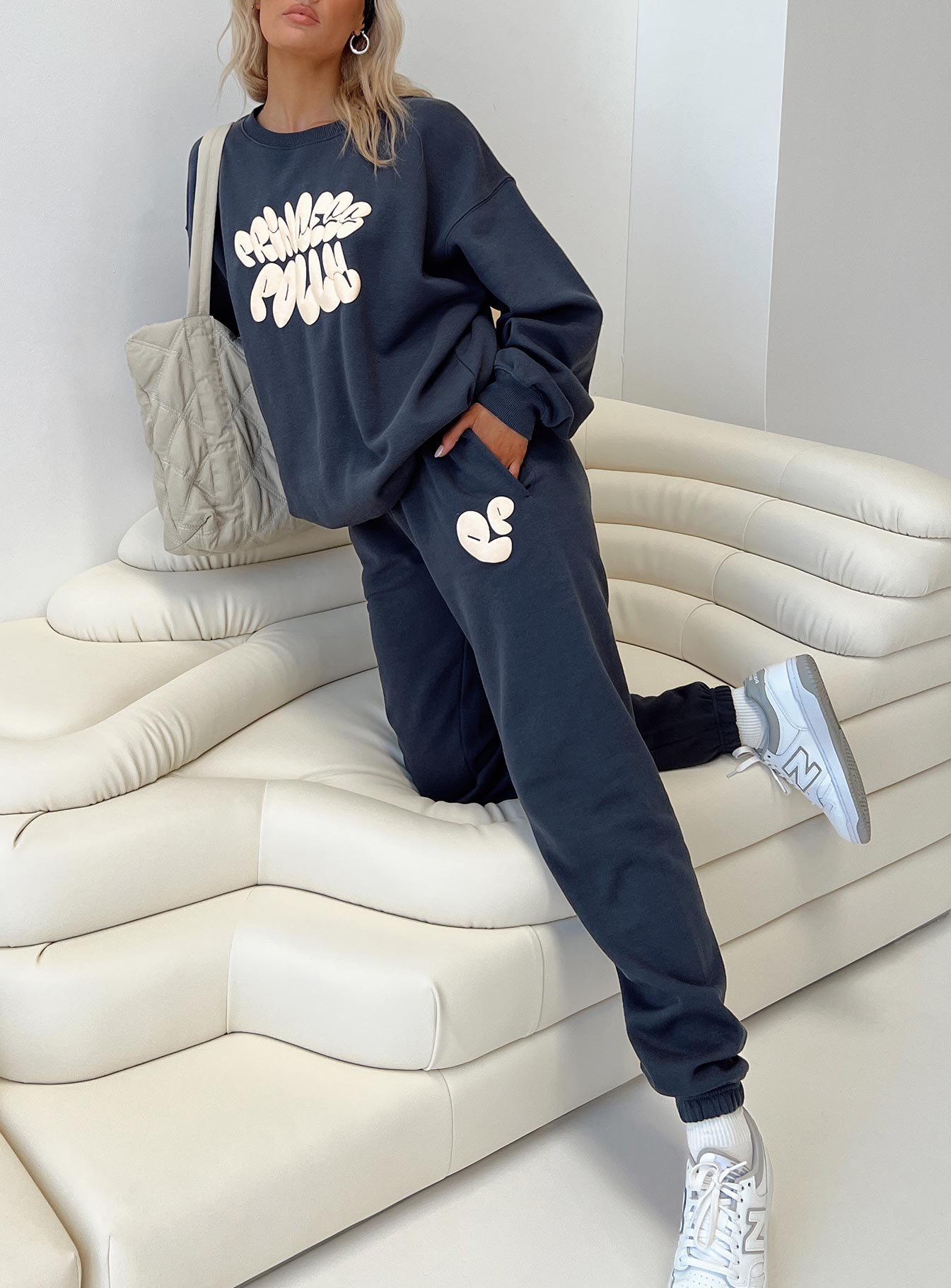 Princess polly track pants bubble text slate / eggshell