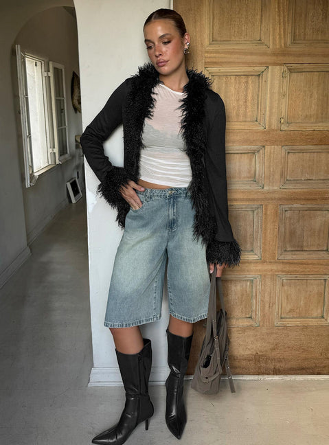 Brynlie Faux Fur Trim Boxy Cardigan Black