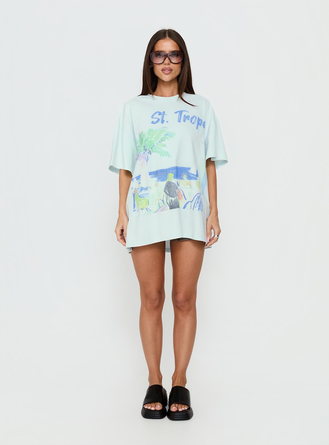 Allyza Oversized Graphic Tee Washed Blue | Princess Polly