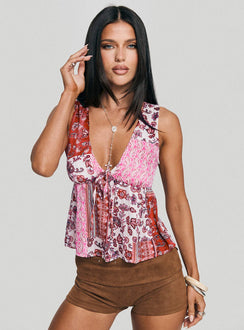 front view of model wearing Princess Polly Lovely Bunch Top Multi Sleeveless Plunger 