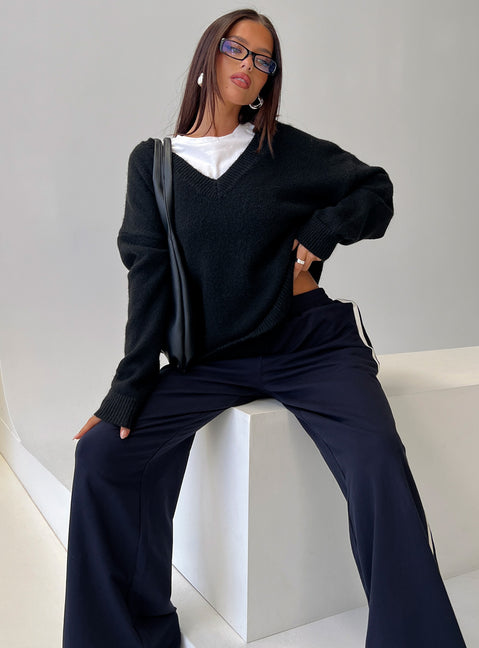 front view of model wearing Princess Polly Stay The Night V Neck Knit Sweater Black 