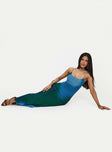 side view of model wearing Princess Polly Amoret Maxi Dress Blue / Green Scoop Neck 