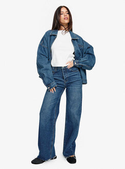 side view of model wearing Princess Polly Fawcett High Rise Straight Leg Jeans Dark Blue Wash High Rise Jeans 