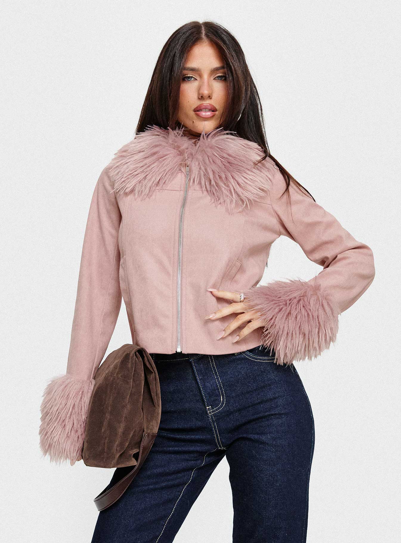 Jeanna Suede Faux Fur Detail Jacket Pink | Princess Polly