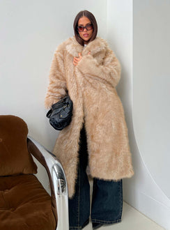 End Of Beginning Faux Fur Longline Jacket Beige