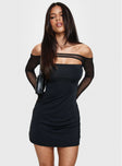 front view of model wearing Princess Polly Kampton Strapless Mini Dress Black Asymmetric Neckline 