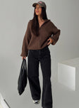 front view of model wearing Princess Polly Hertford Zip Through Knit Sweater Brown 