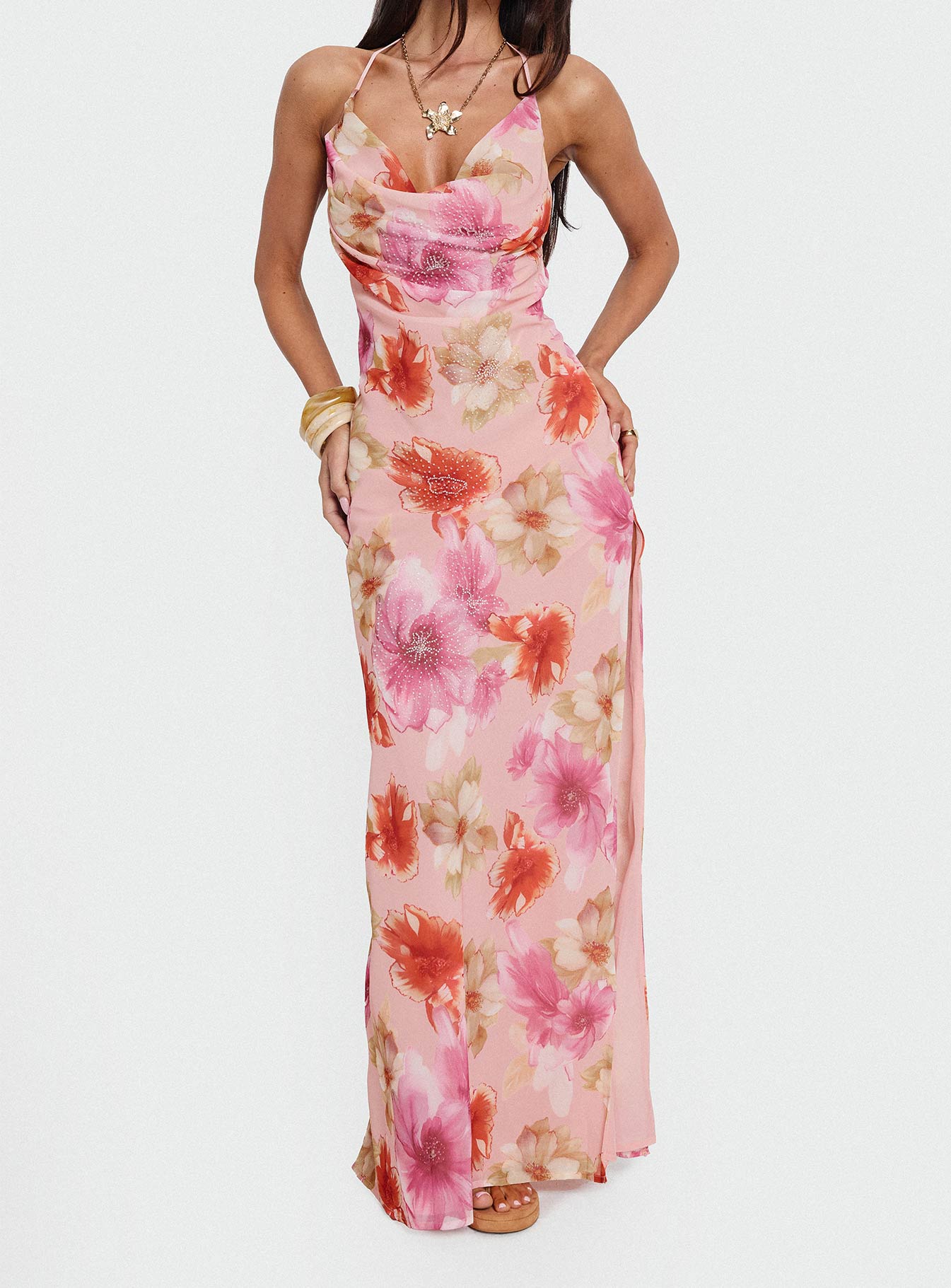 Sibellah Beaded Cowl Neck Maxi Dress Pink Multi | Princess Polly Sibellah Beaded Cowl Neck Maxi Dress Pink Multi | Princess Polly