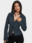 front view of model wearing Princess Polly Theroux Long Sleeve Top Navy Pinstripe Full Sleeves High Neck 