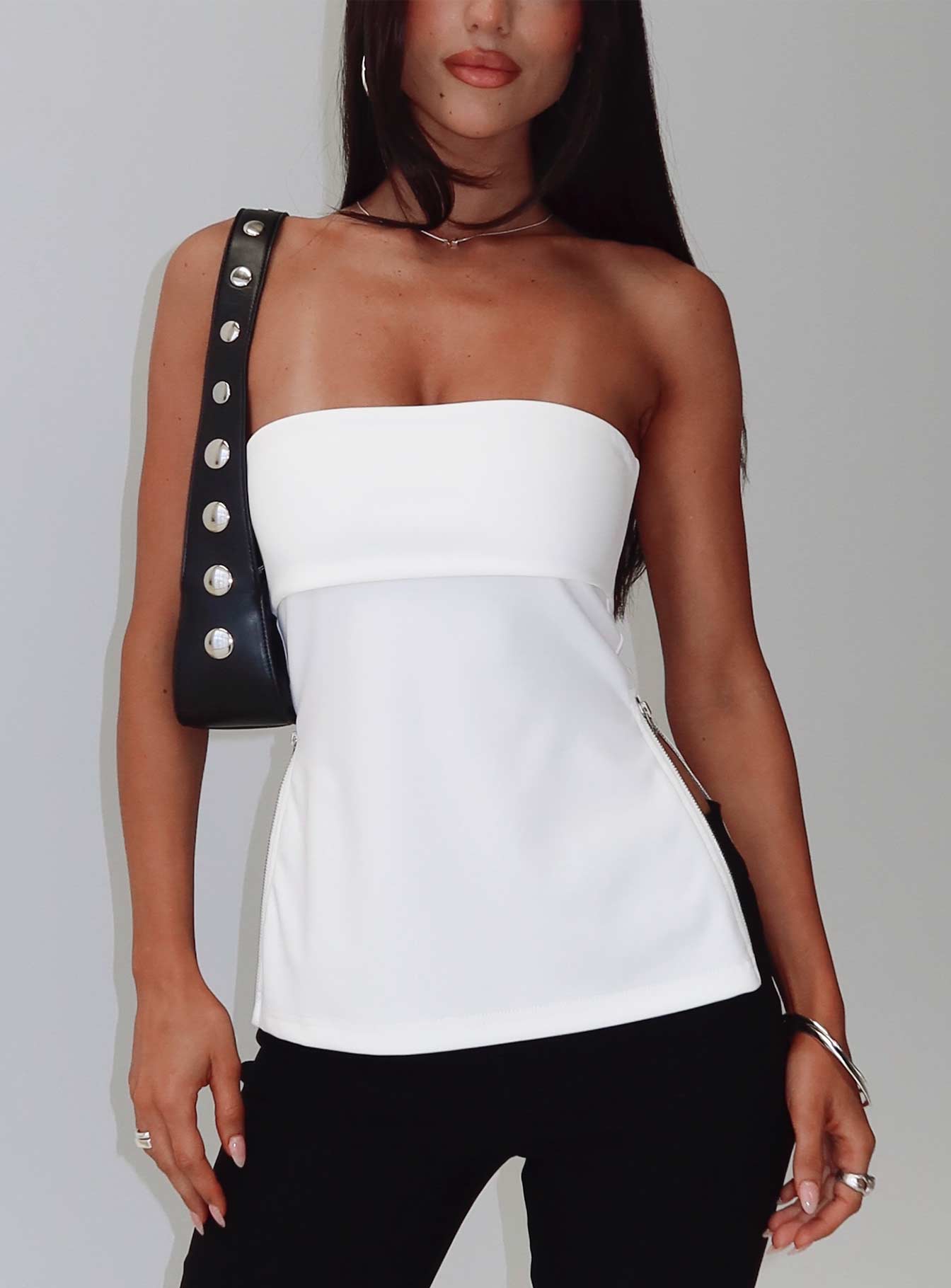 front view of model wearing Princess Polly Express Yourself Zip Side Top White Sleeveless straight 