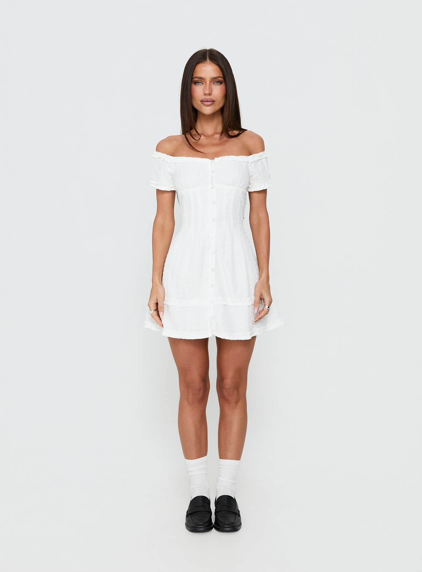 Zoela Off Shoulder Ruffle Mini Dress | White | Womens Zoela Off Shoulder Ruffle Mini Dress | White | Womens