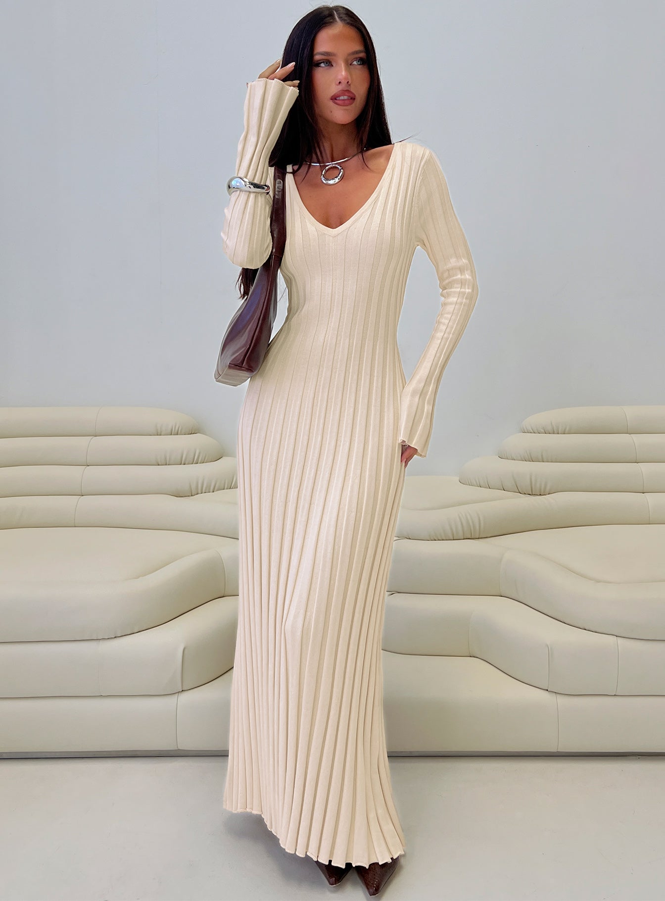 Gratuita Long Sleeve Rib Maxi Dress Cream