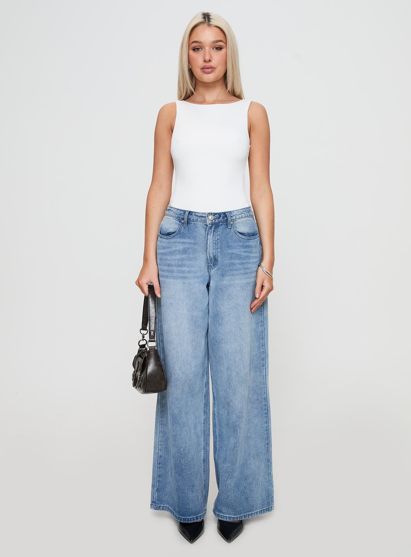 front view of model wearing Princess Polly Beresford Bodysuit White Sleeveless 