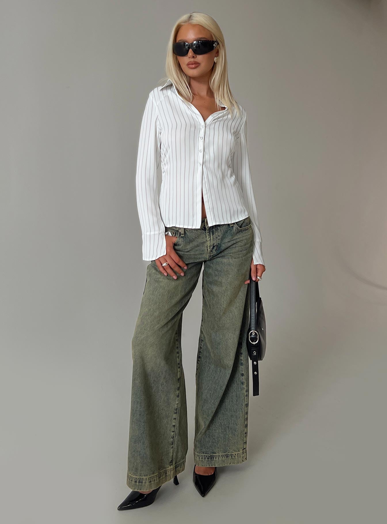 back view of model wearing Princess Polly Aldgate Long Sleeve Top White Full Sleeves V-Neck 