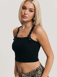 side view of model wearing Princess Polly Moonbeam Top Black Sleeveless Square Neck 