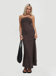 side view of model wearing Princess Polly Yahir Strapless Maxi Dress Brown Straight Neck 