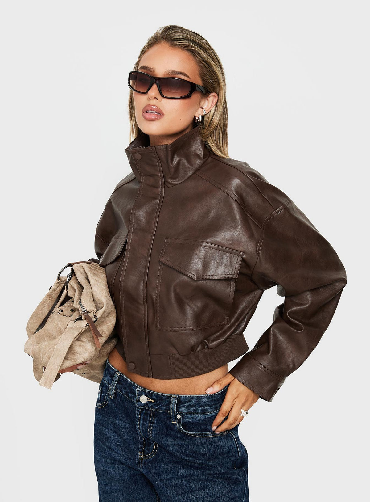 Ace Player Funnel Neck Faux Leather Jacket Brown Petite