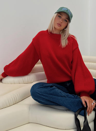 Harmony Balloon Sleeve Knit Sweater Red