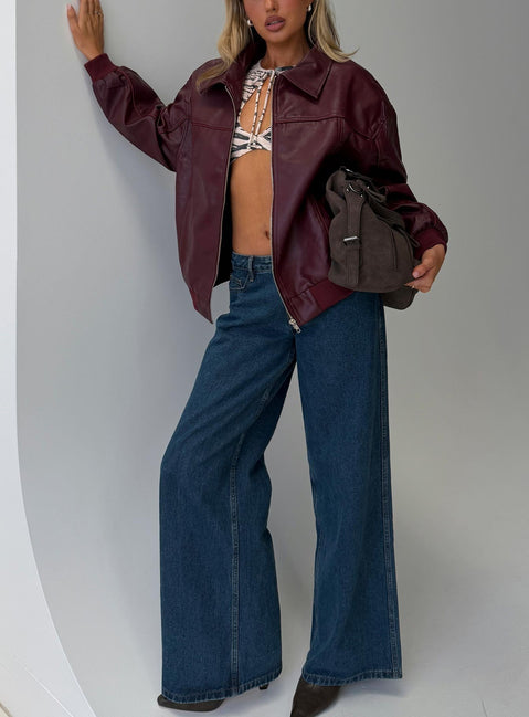 Goldsmith Faux Leather Bomber Jacket Burgundy