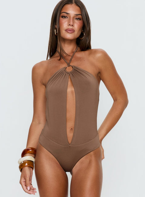 front view of model wearing Princess Polly Damiana Cut Out Bodysuit Brown Sleeveless 