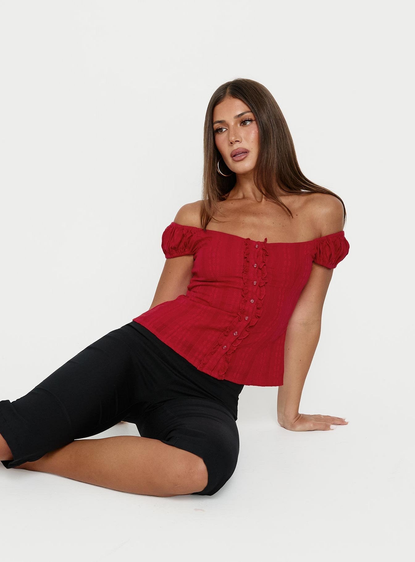 Gysella Off Shoulder Woven Top Red | Princess Polly