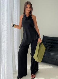 front view of model wearing Princess Polly Emorisa Mid Rise Chiffon Pant Black Mid Rise Pants 