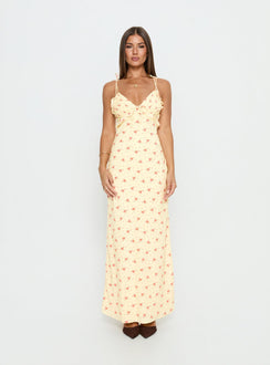 Morcar Frill V Neck Maxi Dress Yellow Floral