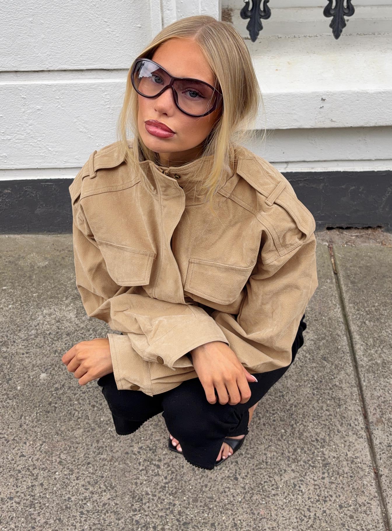 Double Life Funnel Neck Cargo Jacket Beige