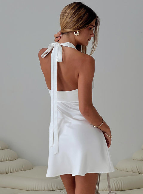 back view of model wearing Princess Polly Pelagia Halter Scarf Tie Mini Dress White V-Neck 