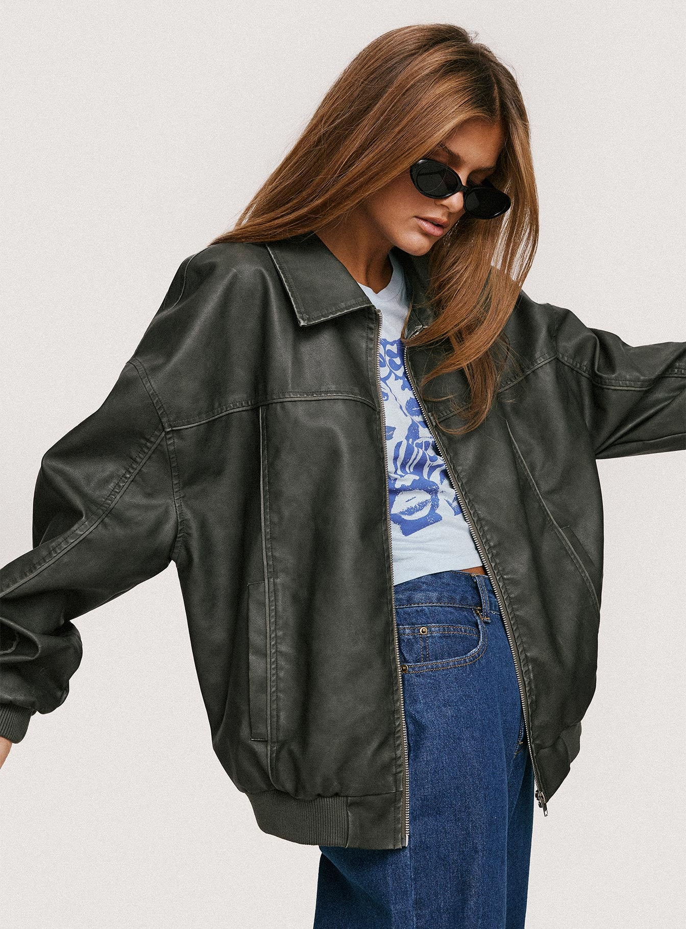 Goldsmith Faux Leather Bomber Jacket Washed Forest | Princess Polly