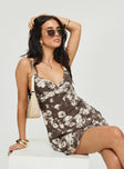 side view of model wearing Princess Polly Marilyn Mini Dress Brown / Floral V-Neck 