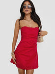 side view of model wearing Princess Polly Bradwell Strapless Mini Dress Red Tall Straight Neck 