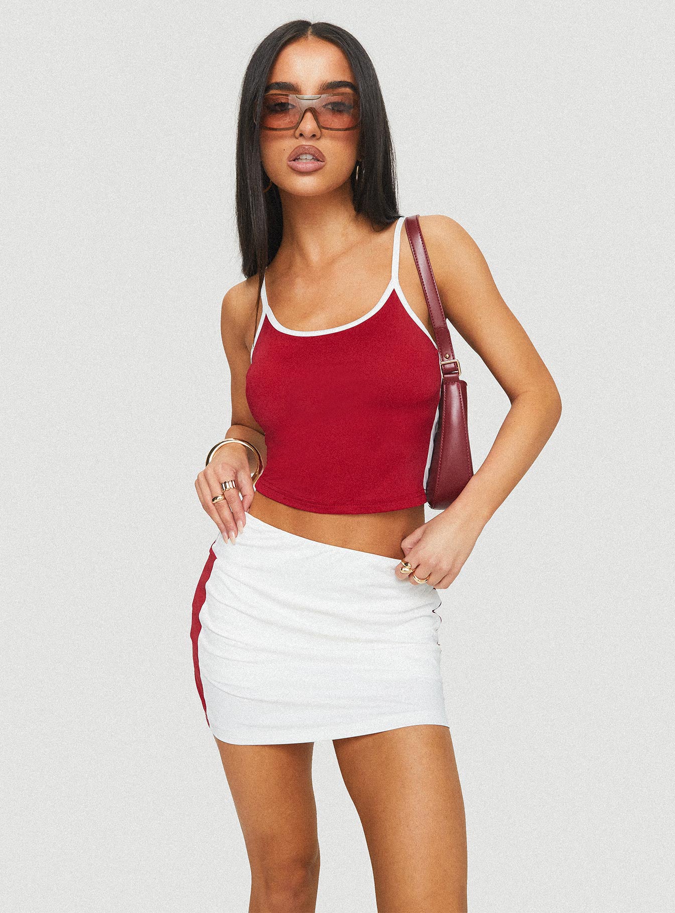 front view of model wearing Princess Polly Tex Top Red / White Sleeveless Scoop Neck 