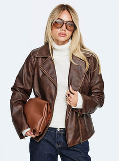 Vyolette Faux Leather Collared Jacket Washed Brown