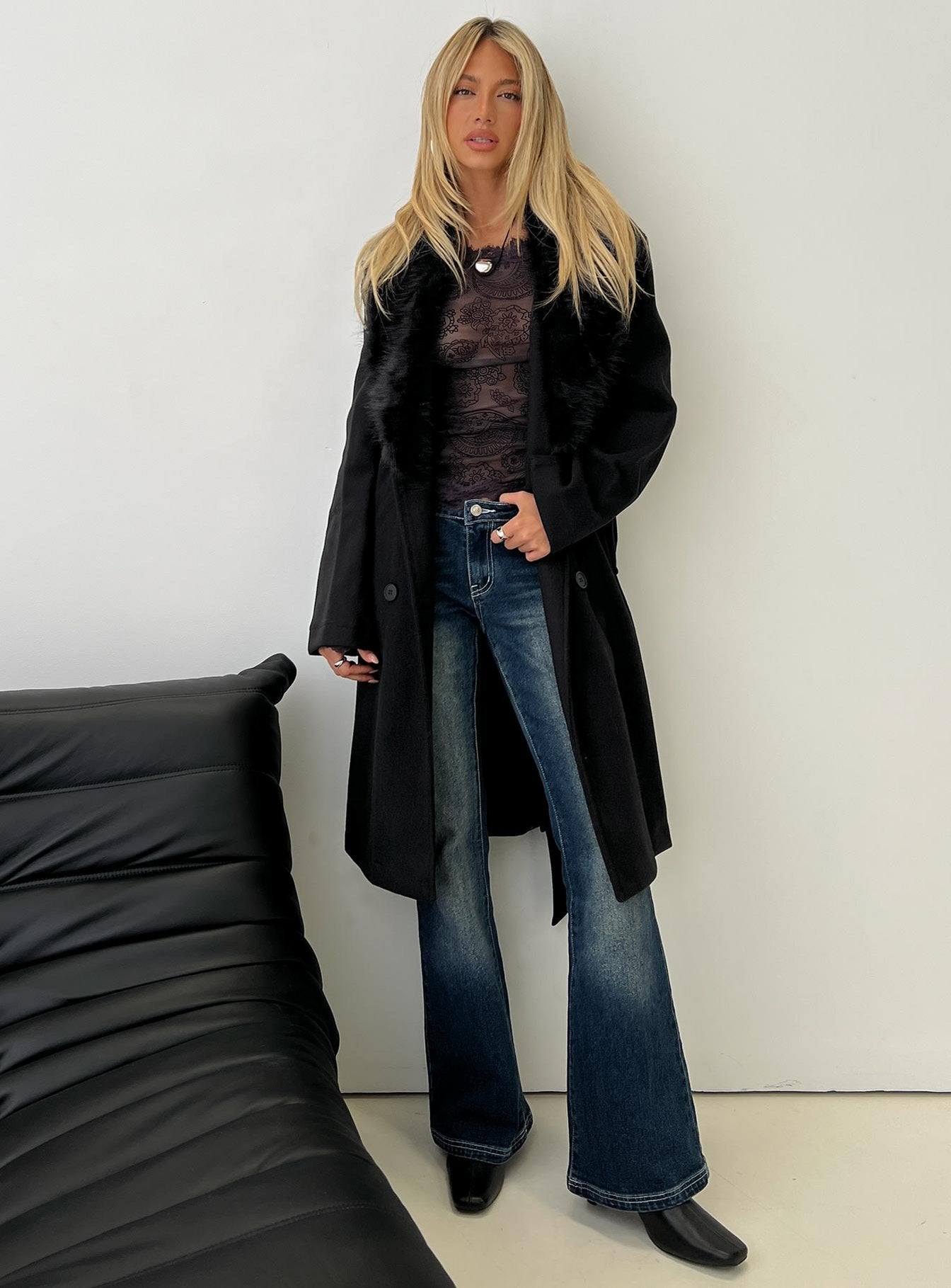Hallyn Faux Fur Collar Coat Black | Princess Polly